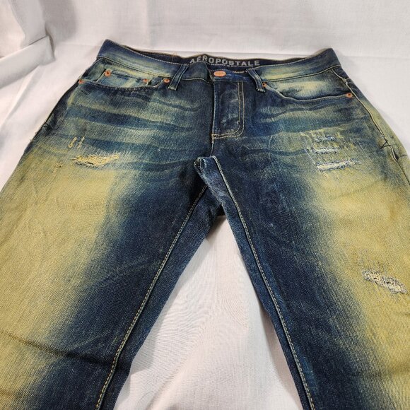 Aeropostale Slim Straight Leg Distressed Jeans Size 30 x 30 Blue 5-Pocket Mens - Picture 1 of 14